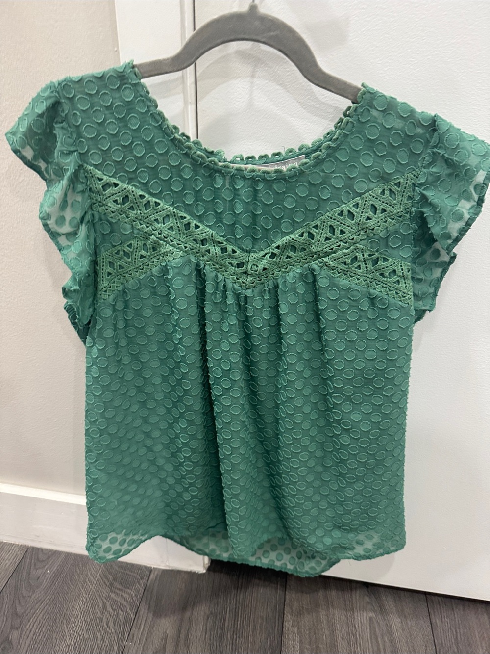 Daniel Rainn Green Swiss Dot Lace Yoke Flutter Sleeve Top